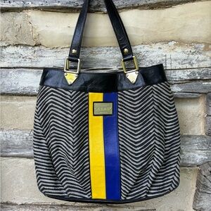 L.A.M.B. By Gwen Stefani Stylish Black and Grey Tote Bag Yellow and Blue Stripe